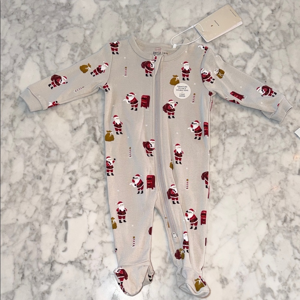 NWT Petit Lem Beige Santa Print Footie